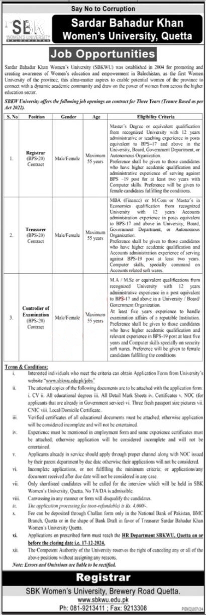 Jobs at Sardar Bahadur Khan Women University SBKWU Quetta Advertisement