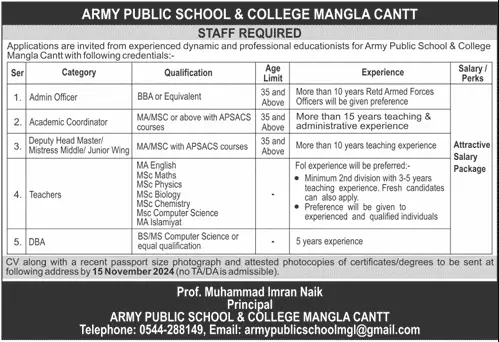 Army Public School and College Jobs 2024 Advertisement