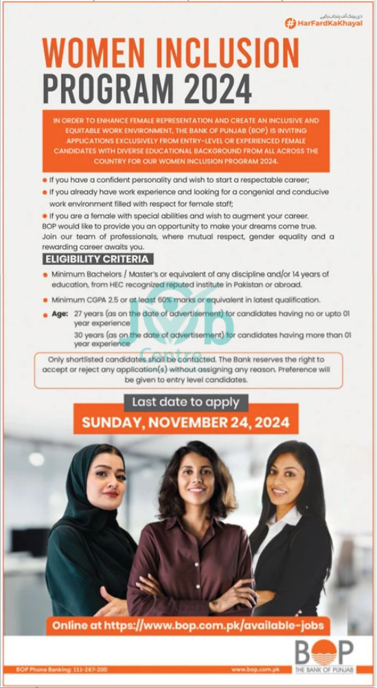 BOP Women Inclusion Program 2024 Advertisement