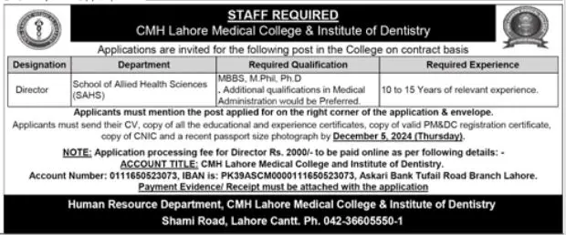 Latest CMH Lahore Medical College & Institute Of Dentistry Jobs 2024 Advertisement