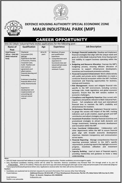 Defence Housing Authority Special Economic Zone Jobs 2024 Advertisement