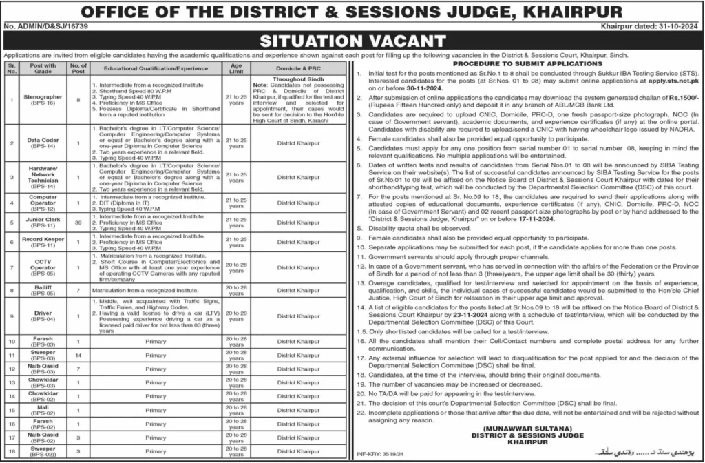 District & Sessions Judge Khairpur New Jobs 2024 Advertisement