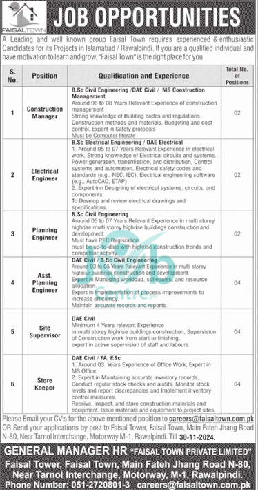 Faisal Town Private Limited Jobs 2024 Advertisement