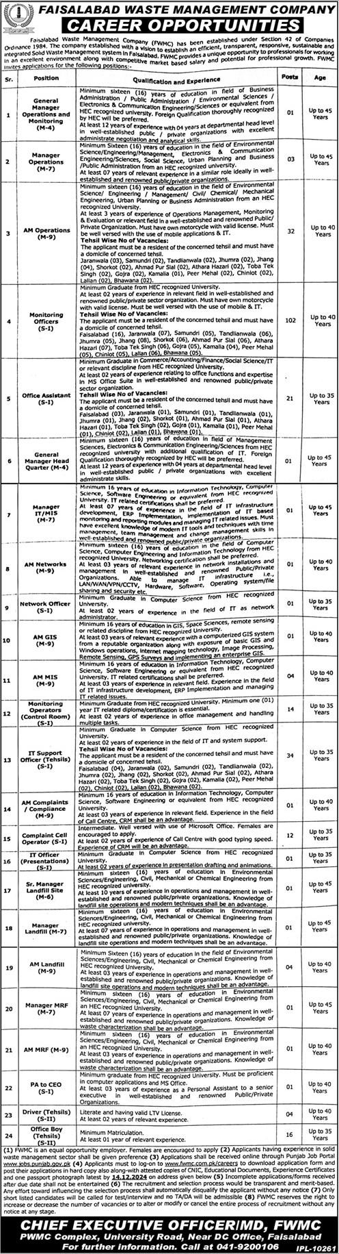 Faisalabad Waste Management Company Jobs 2024 Advertisement