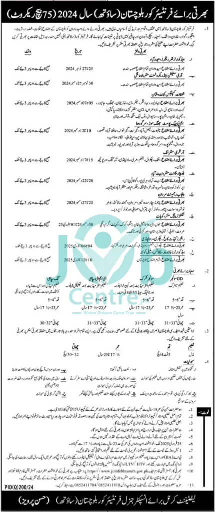 Frontier Corps FC Balochistan Jobs 2025 Advertisement