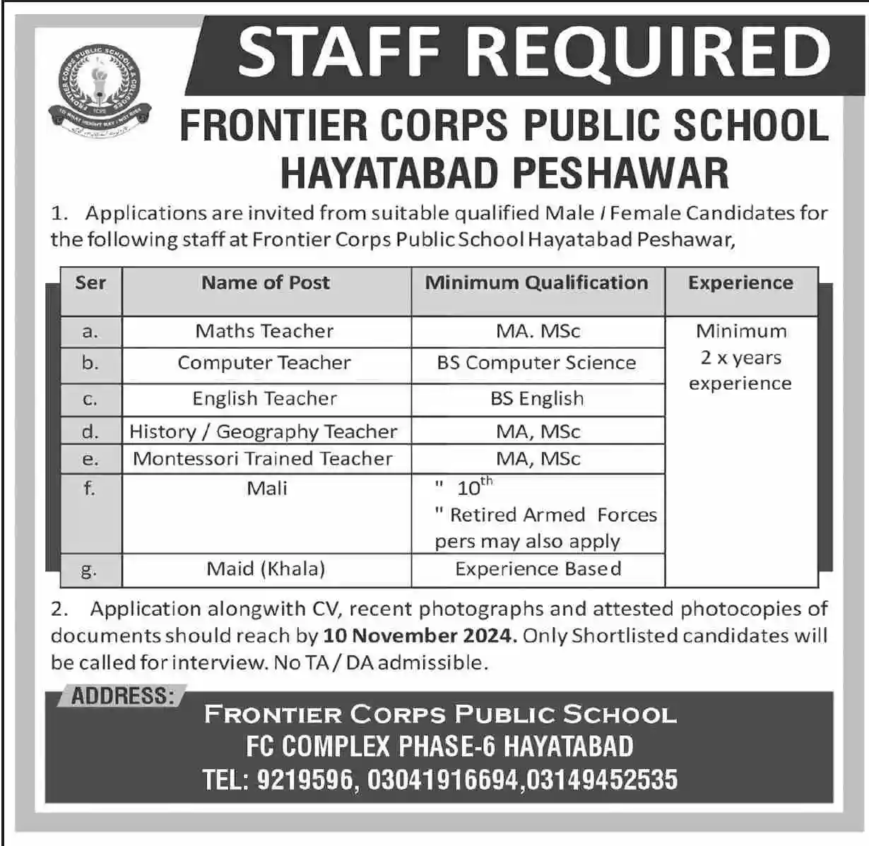 Latest Frontier Corps Public School and College Jobs 2024 of Advertisement