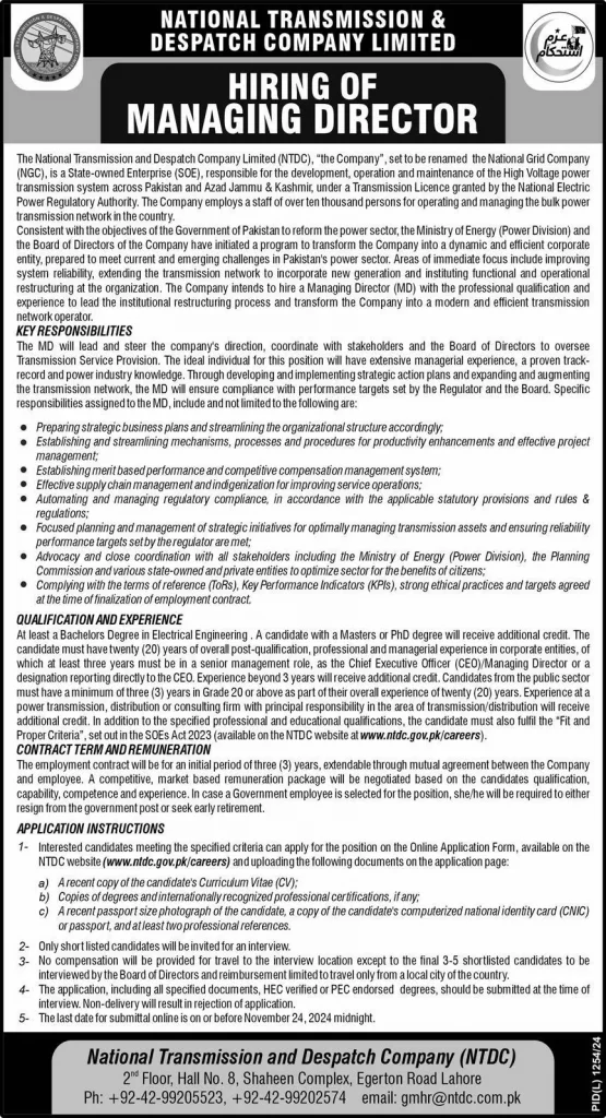 National Transmission and Despatch Company NTDC Jobs 2024 Advertisement