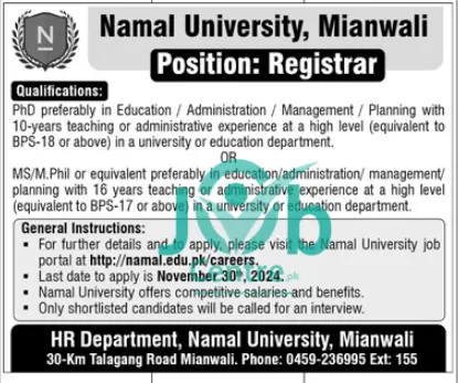 Namal University Mianwali Jobs 2024 Advertisement: