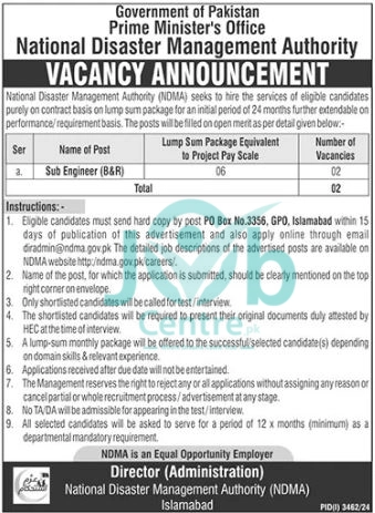 National Disaster Management Authority Jobs 2024 Advertisement