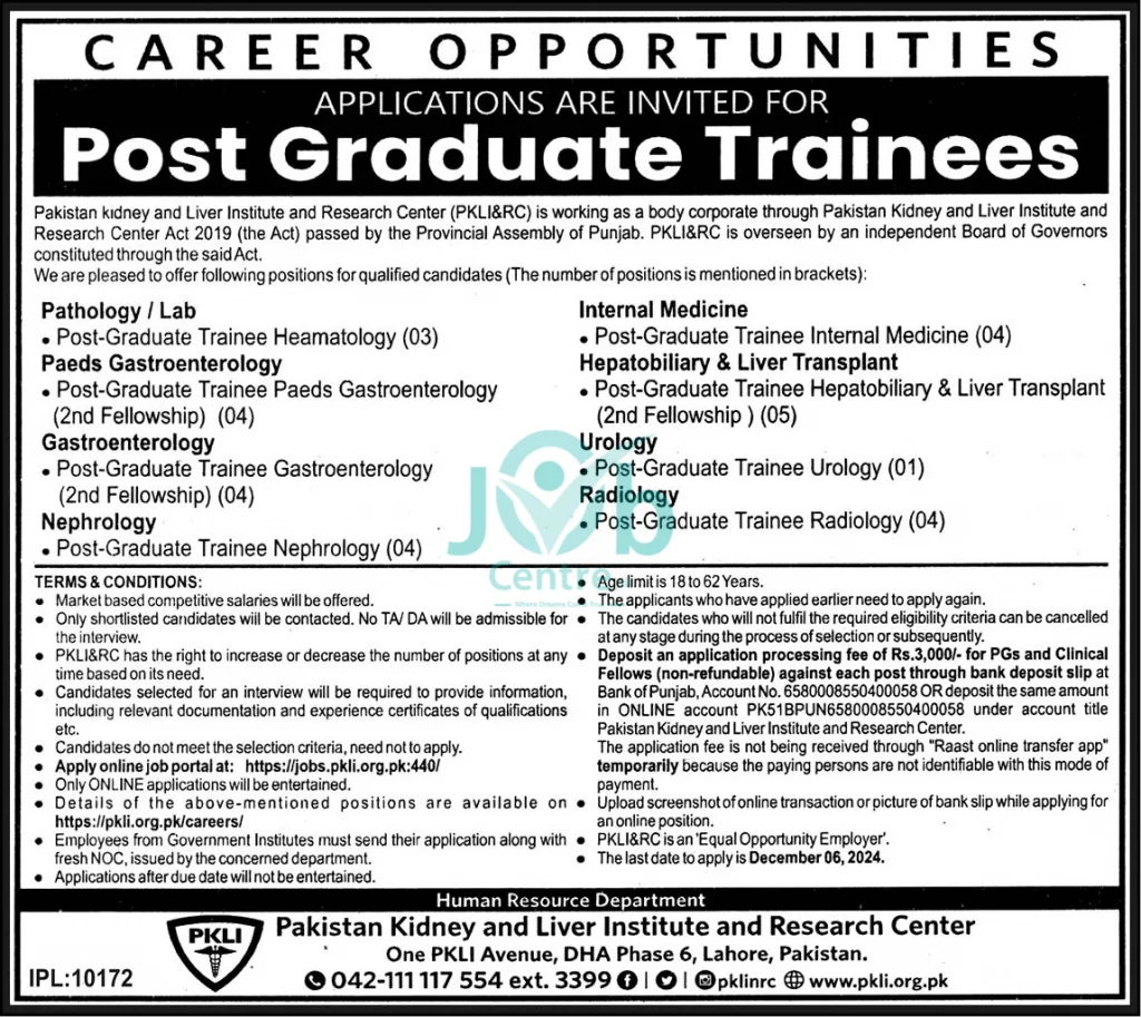  PKLI Post Graduate Trainees Jobs 2024 Advertisement: