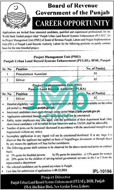 PULSE Board Of Revenue BOR Lahore Jobs 2024 Advertisement