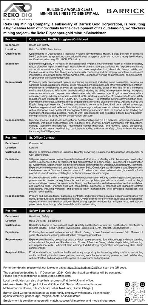  Pakistan Barrick Gold Corporation Jobs 2024 Advertisement