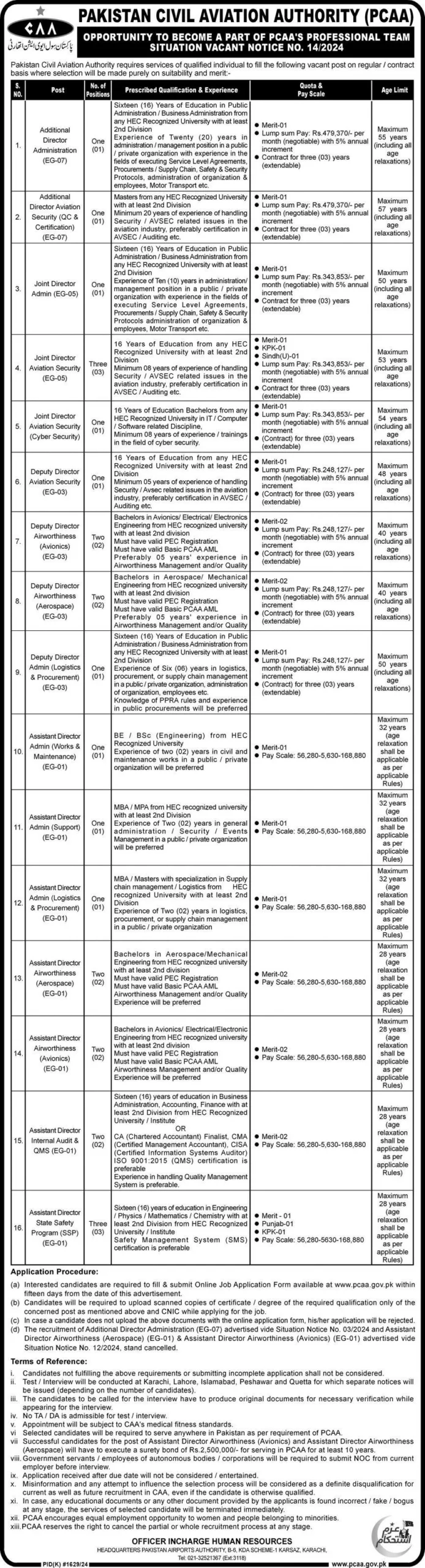 Pakistan Civil Aviation Authority PCAA Jobs 2024 Advertisement