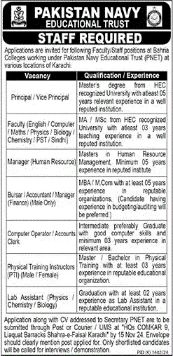 Pakistan Navy Educational Trust Jobs 2024 Advertisement