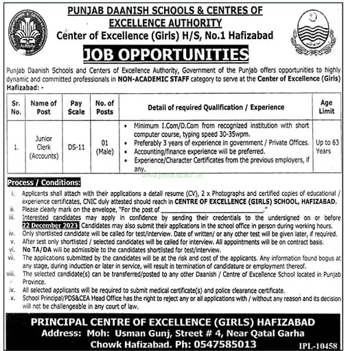 Punjab Daanish Schools Hafizabad Jobs Advertisement