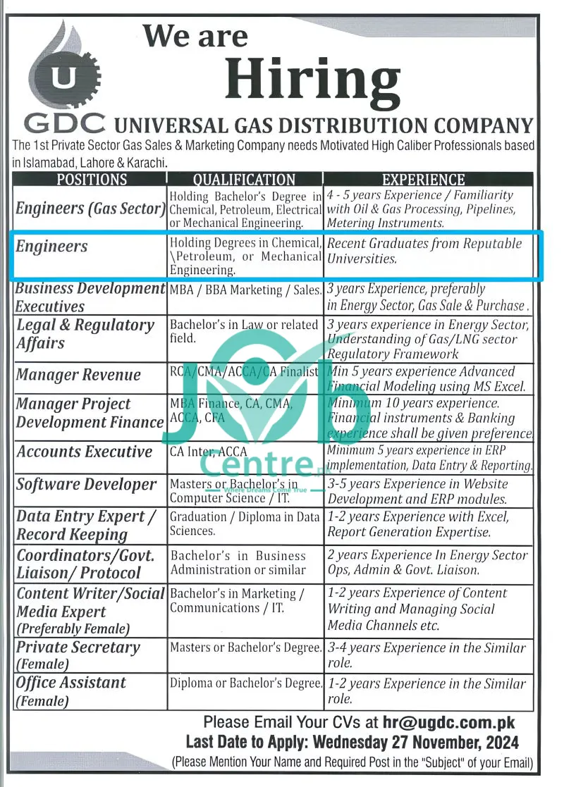 Universal Gas Distribution Company Jobs 2024 Advertisement