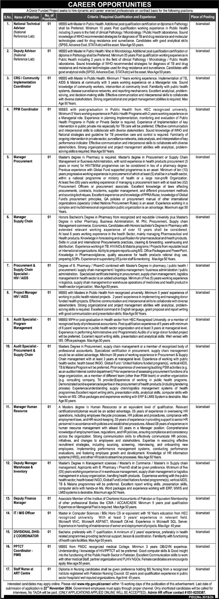 National TB Control Program NTP Jobs 2024 Advertisement: