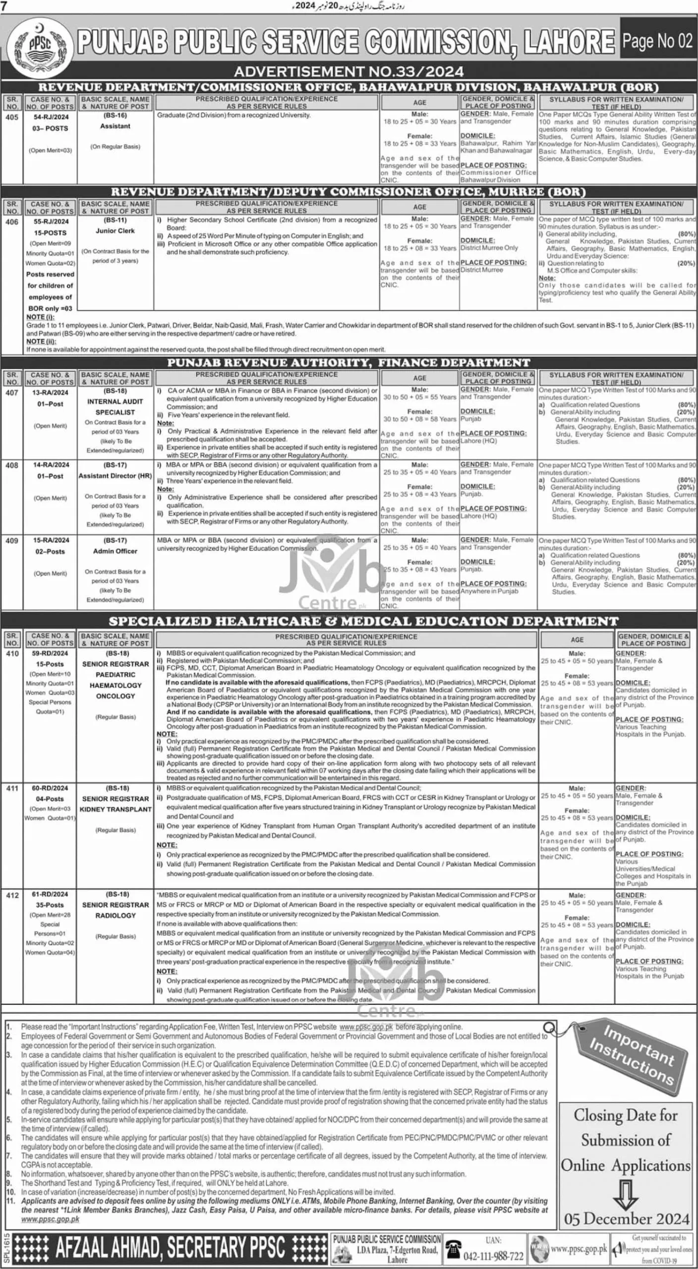 PPSC Advertisement No 33 Jobs 2024 Page # 02: