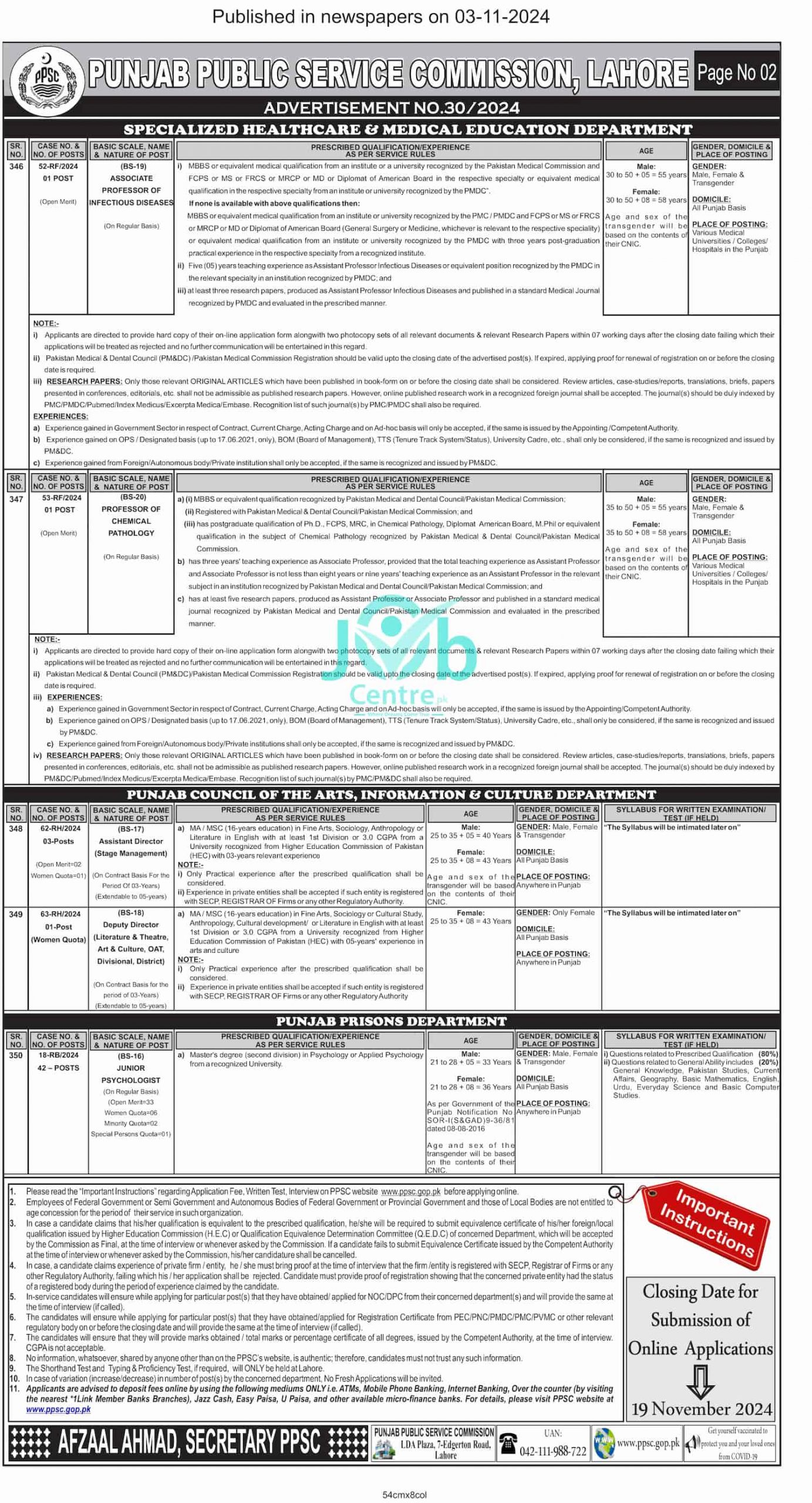 PPSC Advertisement No. 30 Jobs 2024