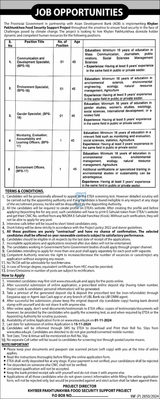 Peshawar Food Security Project Jobs 2024 Advertisement