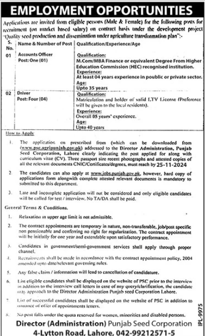 Punjab Seed Corporation Jobs Advertisement