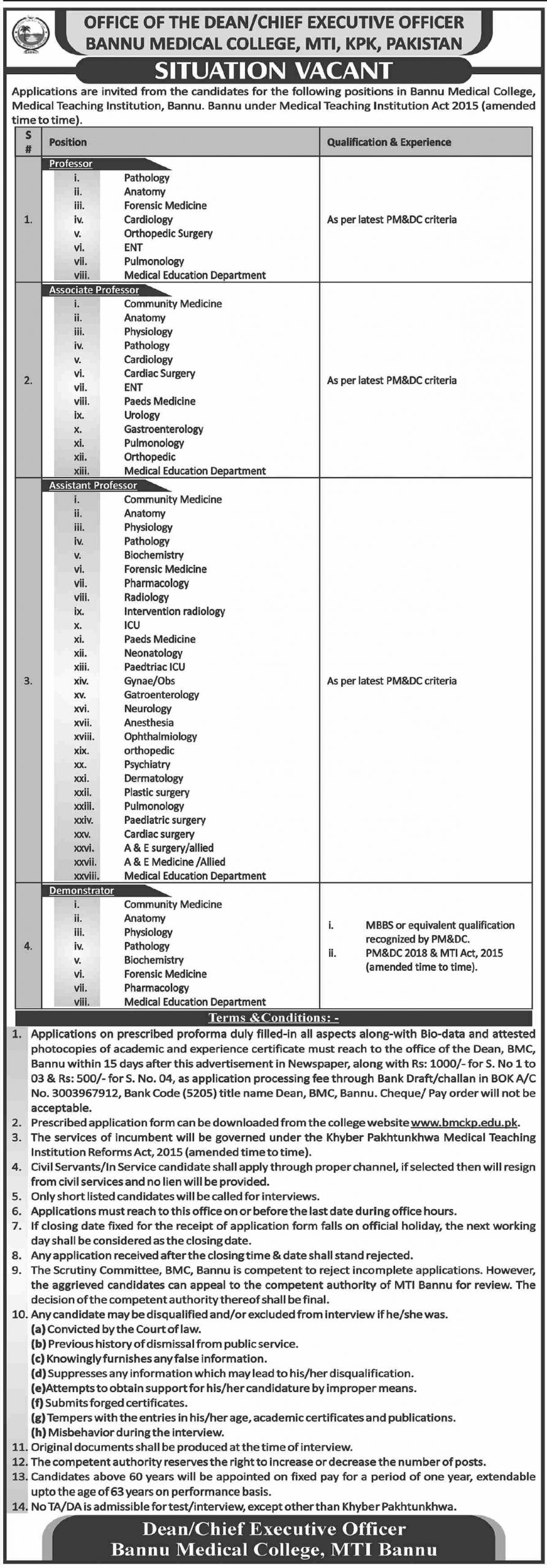 Advertisement for Bannu Medical College Jobs 2024