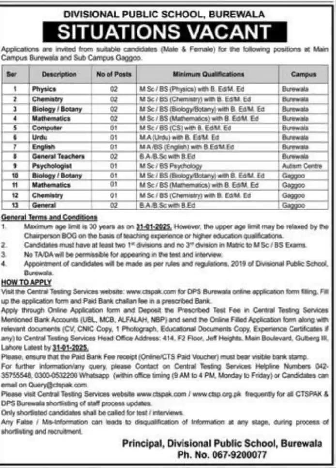 Advertisement for Divisional Public School DPS Burewala Jobs 2025