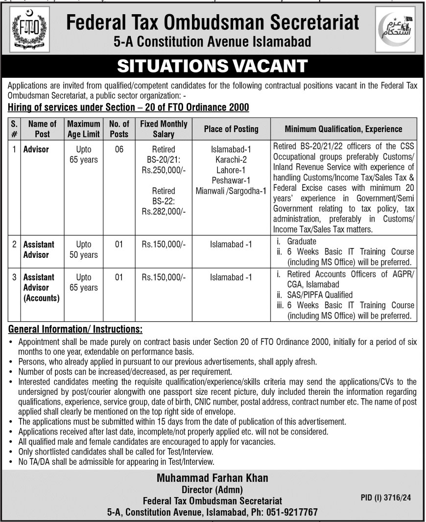 Federal Tax Ombudsman Secretariat Islamabad Jobs 2024 Advertisement