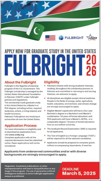 Fulbright Scholarship 2026 for Graduate Study In The United States Advertisement