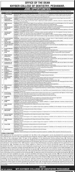  Khyber College of Dentistry Jobs 2024 Advertisement