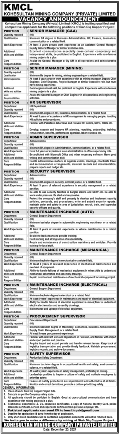 Kohesultan Mining Company Private Limited KMCL Jobs 2025 Advertisement