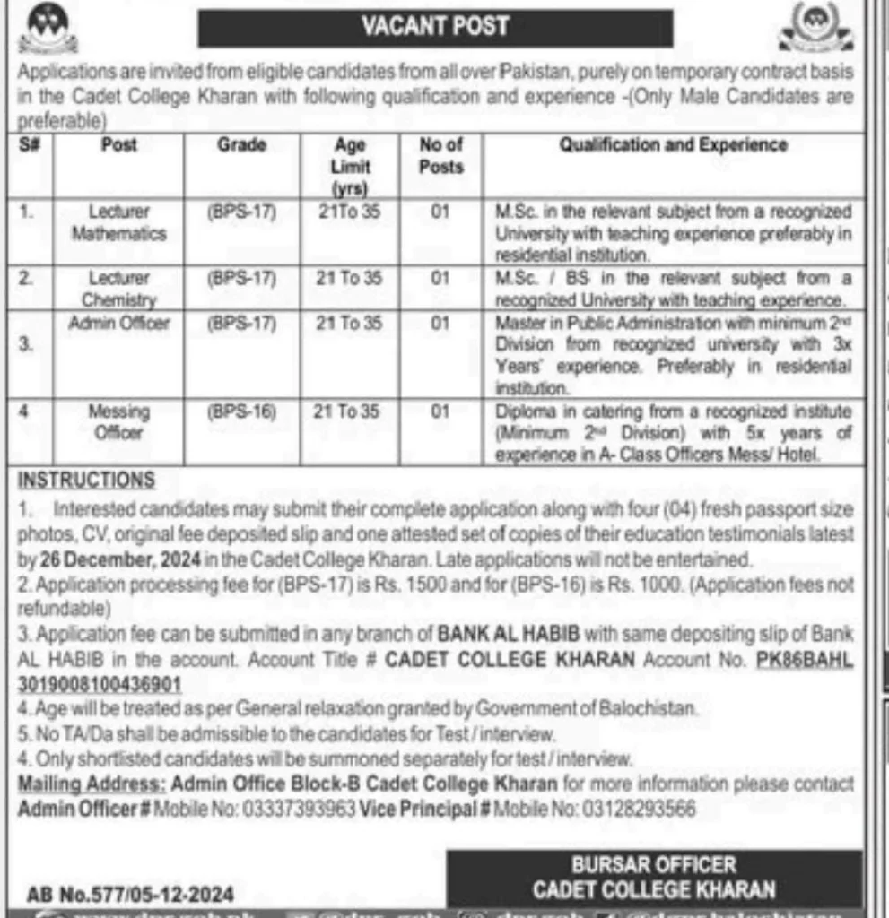 Latest Cadet-College-Kharan-Jobs-2024-Advertisement