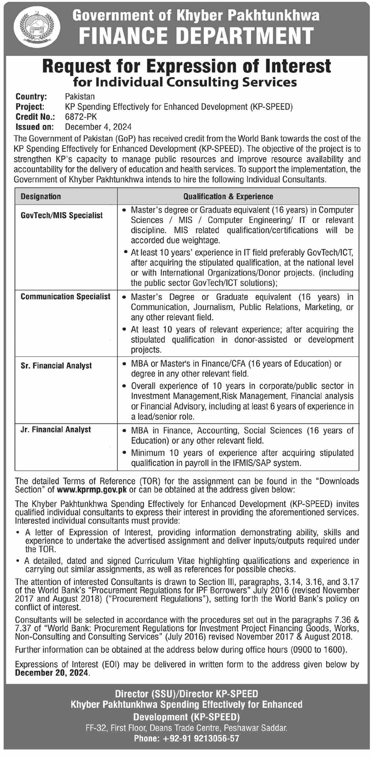 Government of Khyber Pakhtunkhwa Finance Department Jobs 2024 Advertisement