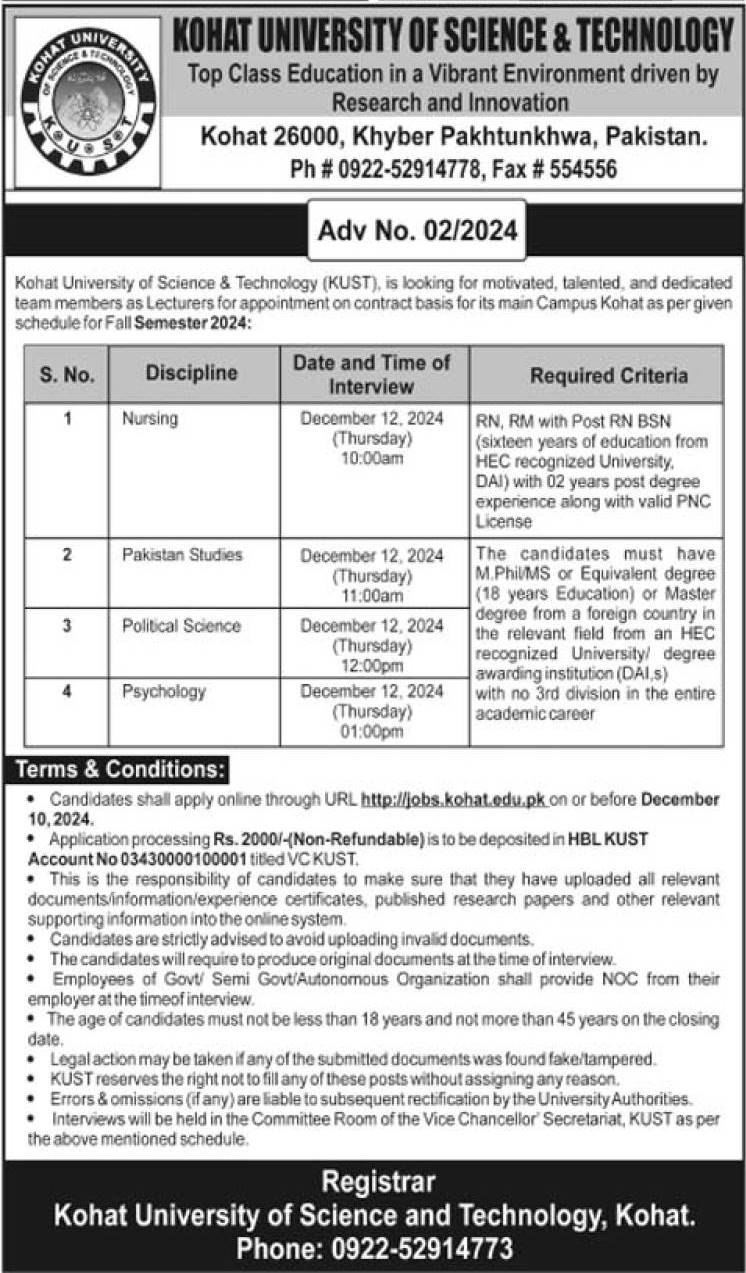 Latest Kohat University Of Science & Technology Jobs 2024 Advertisement