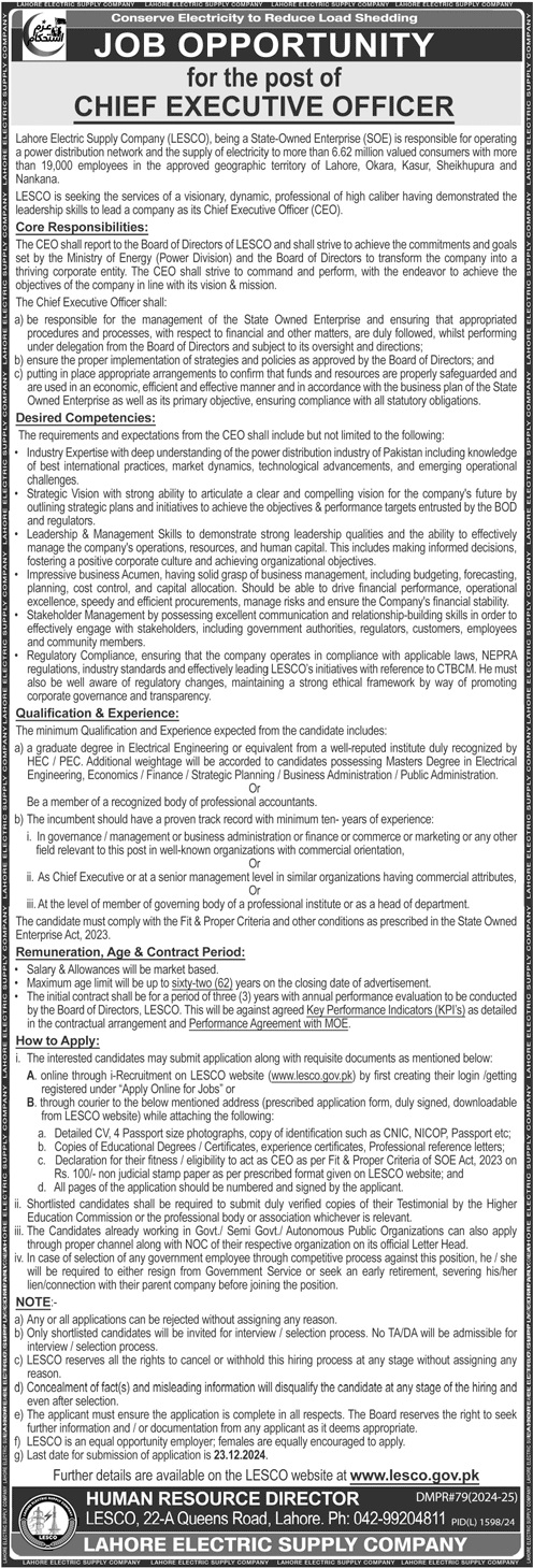 Lahore Electric Supply Company Jobs 2024 Advertisement