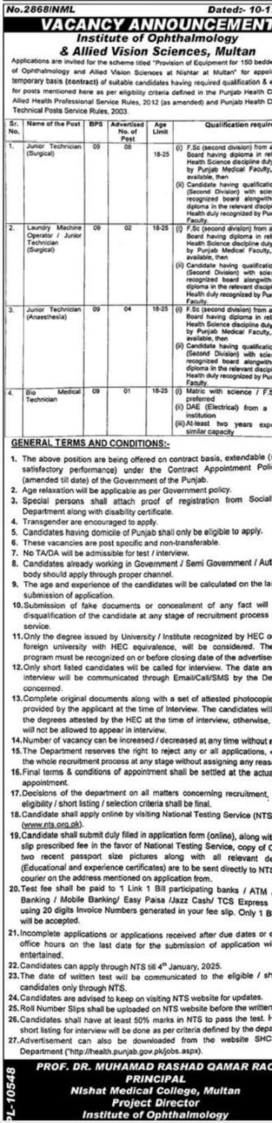 Nishat Medical College Multan Jobs 2024 Advertisement