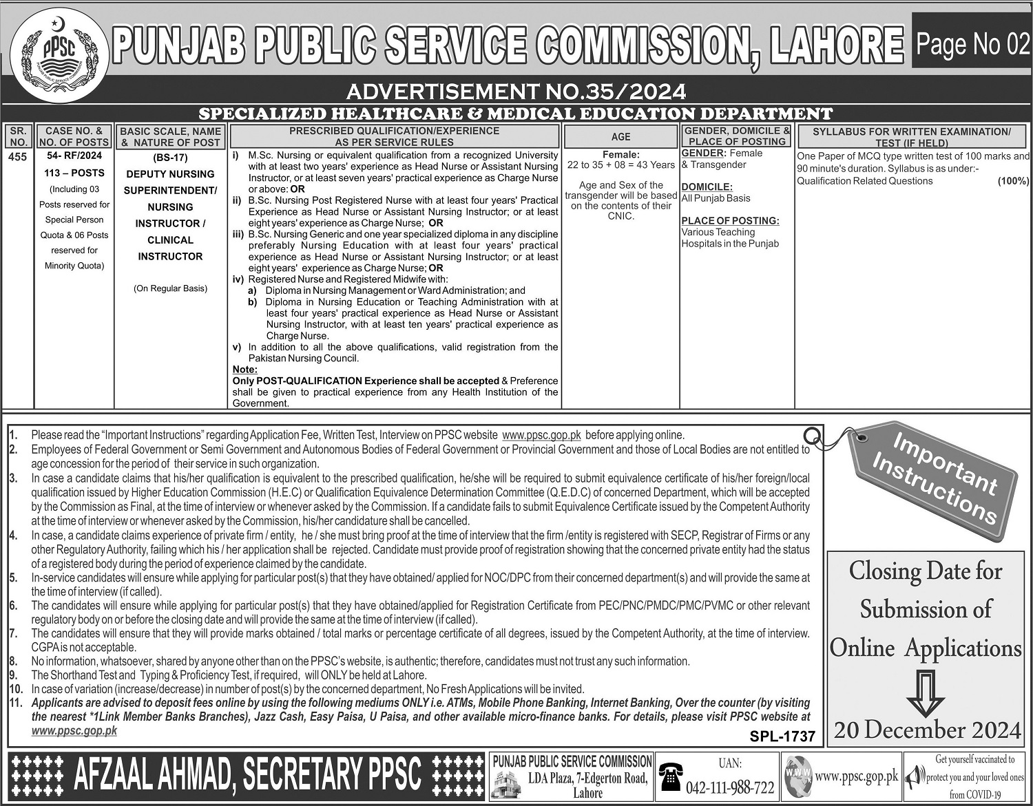 PPSC Jobs Advertisement No 352024 Page # 02