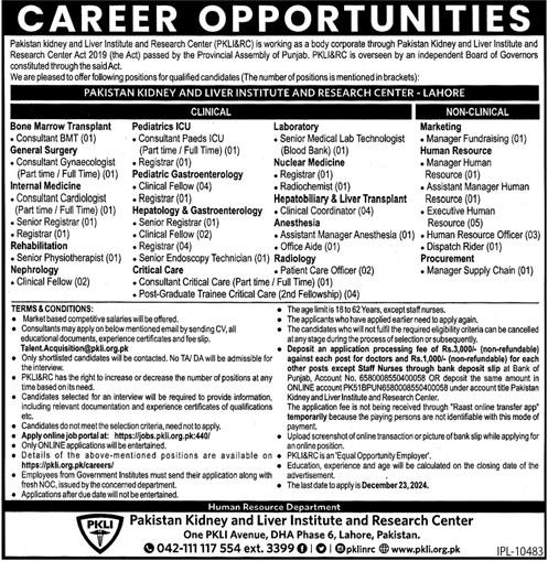 Pakistan Kidney and Liver Institute and Research Center Jobs 2024 Advertisement