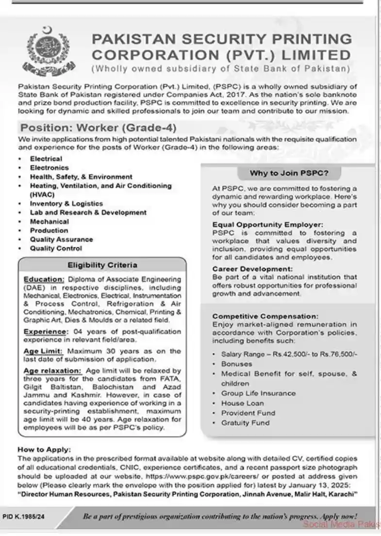 Pakistan Security Printing Corporation Jobs 2025 Advertisement