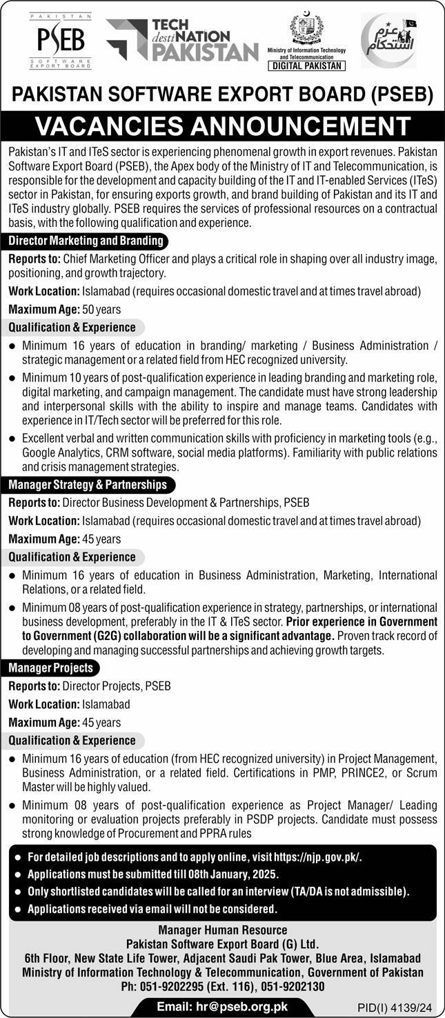 Pakistan Software Export Board PSEB Jobs 2024 Advertisement