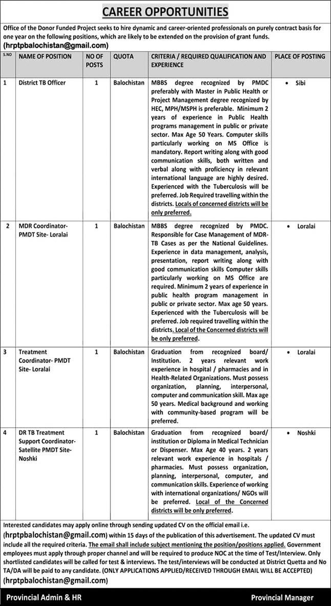 Provincial TB Control Program Balochistan Jobs 2024 Advertisement