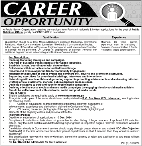 Public Sector Organization PO Box No. 1271 Islamabad Jobs 2024 Advertisement