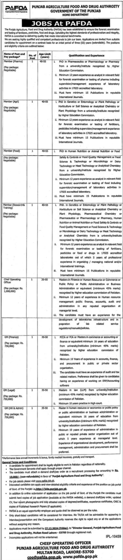 Punjab Agriculture Food and Drug Authority Careers 2024 Advertisement