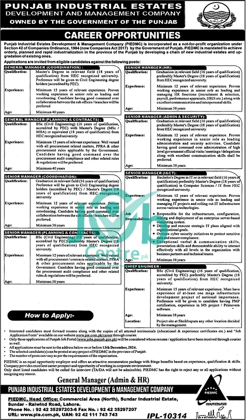 Punjab Industrial Estates Development and Management Company  jobs 2024 Advertisement