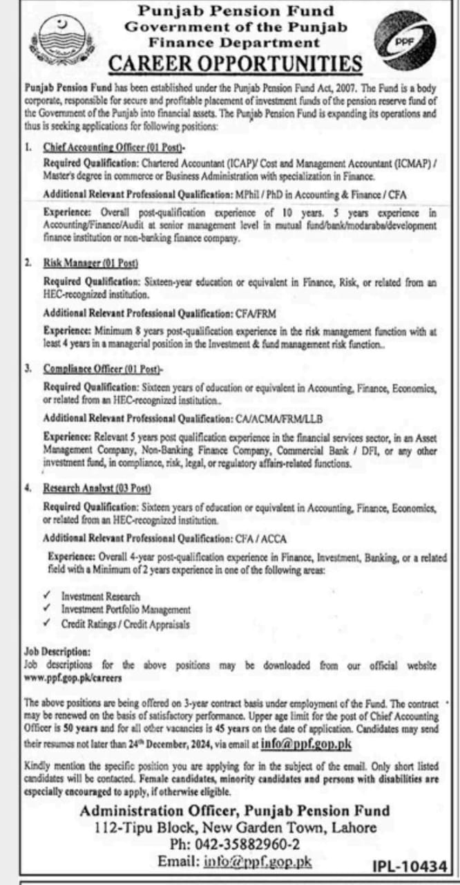 Punjab Pension Fund Jobs 2024 Advertisement