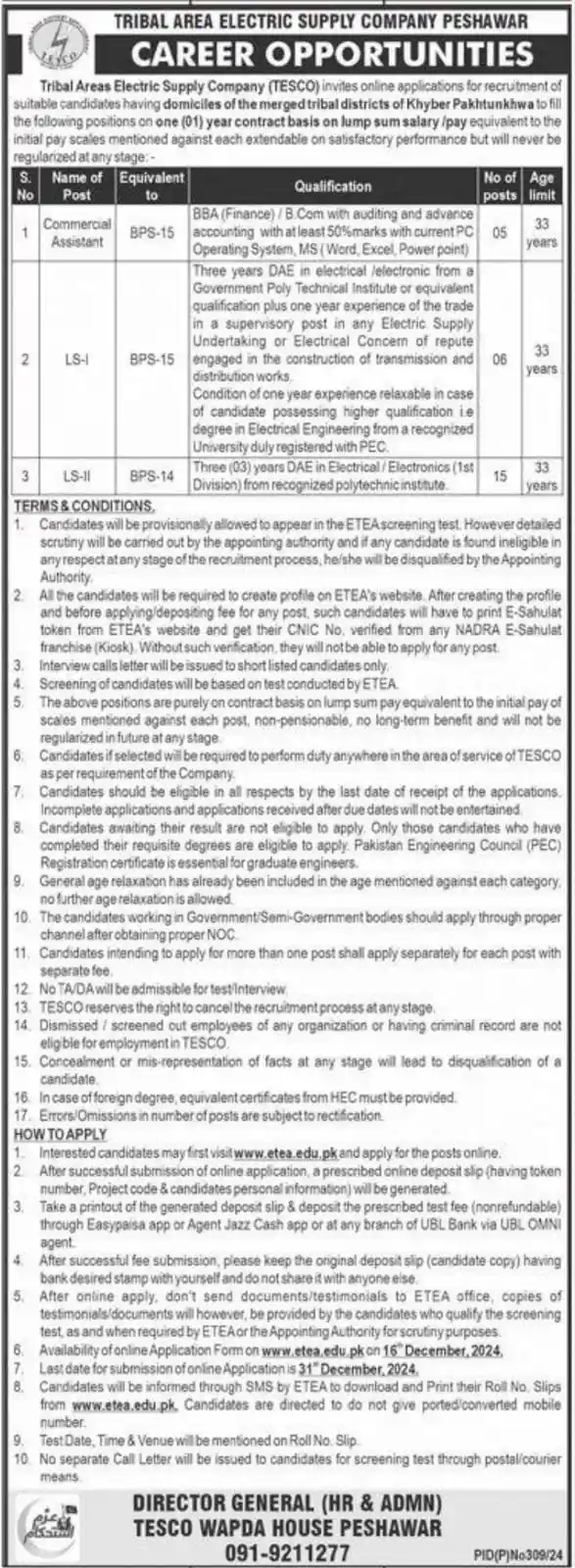 Tribal Area Electric Supply Company Peshawar Jobs 2024 Advertisement