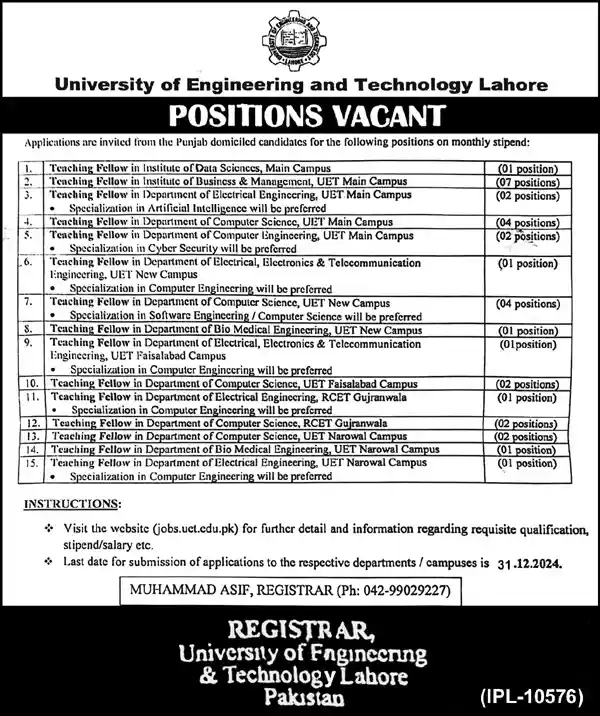 UET Lahore Teaching Fellow Jobs 2024 Advertisement