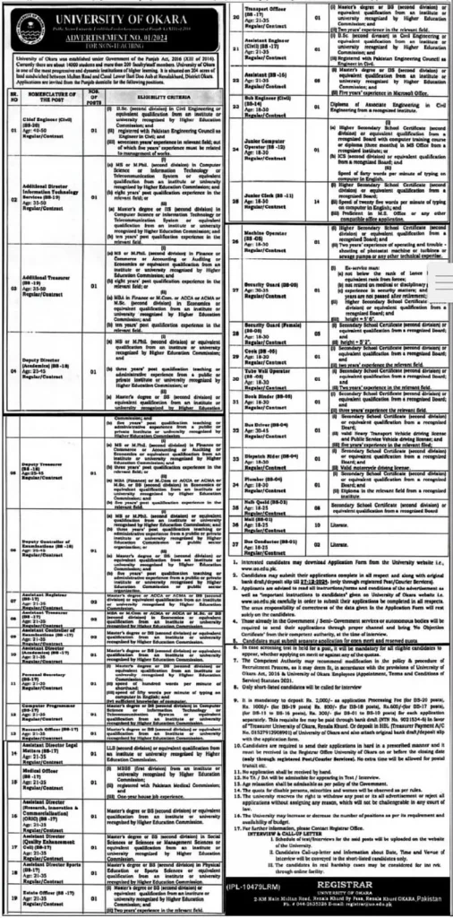 University of Okara Jobs Advertisement No. 012024