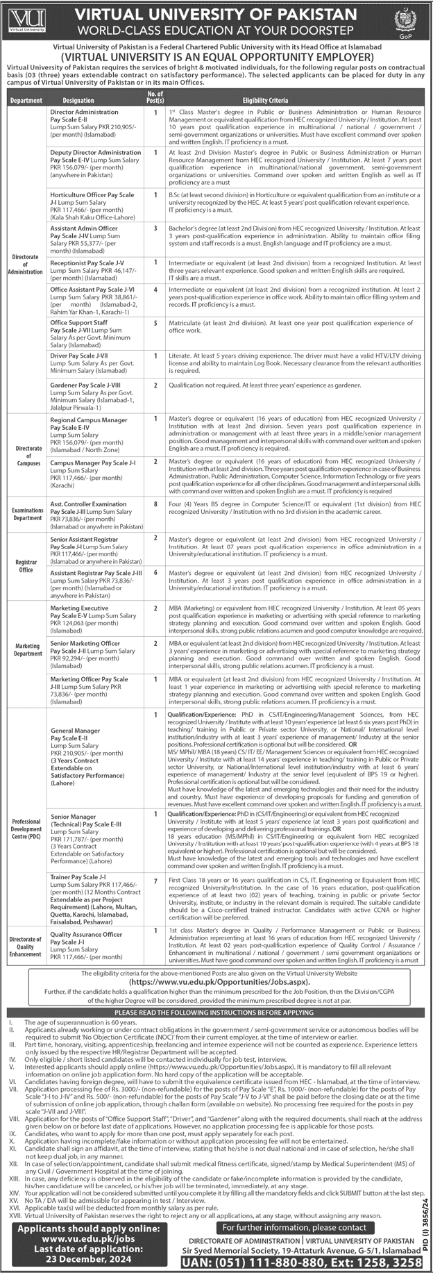 Virtual University of Pakistan Jobs 2024 Advertisement