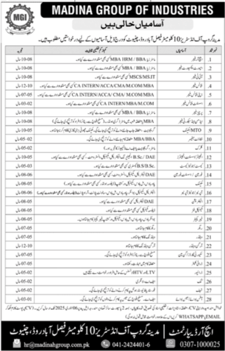 Madina Group of Industries MGI Jobs 2025 Advertisement